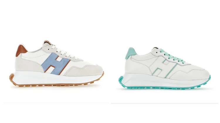 H641粉藍色拼接皮革休閒鞋（左）2萬2300元、知更鳥藍拼接皮革休閒鞋（右）2萬4500元。品牌提供