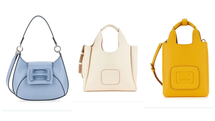 粉藍色牛皮肩背包（左）2萬5600元、燕麥白荔枝紋牛皮托特包（中）2萬8300元、向日葵黃荔枝紋牛皮肩背包（右）2萬1800元。品牌提供