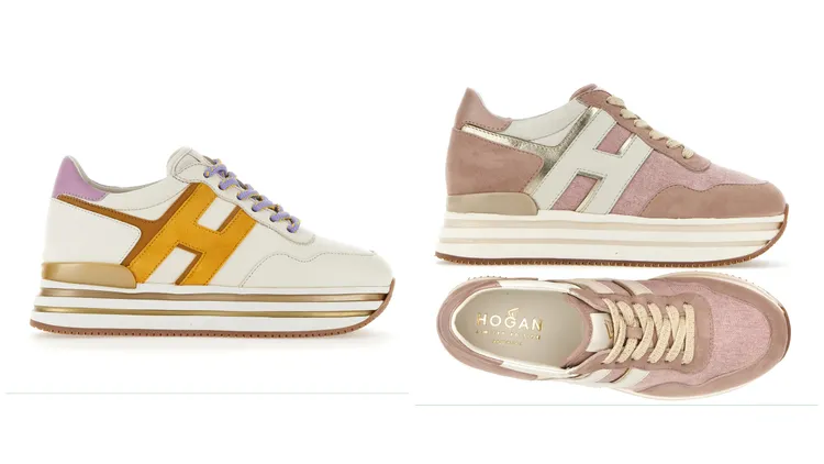 New H222向日葵黃撞色拼接休閒鞋（左）、台灣限定乾燥玫瑰粉拼接休閒鞋（右），各2萬2300元。品牌提供