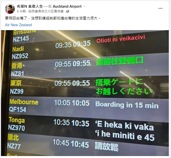 台灣大選投票日！紐航班機秀繁中3個字「請放鬆」。翻攝臉書「布萊N 食宿人生」