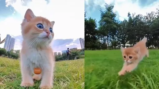 在小小的草地上跑呀跑呀跑 是小小的貓咪邁小小步伐