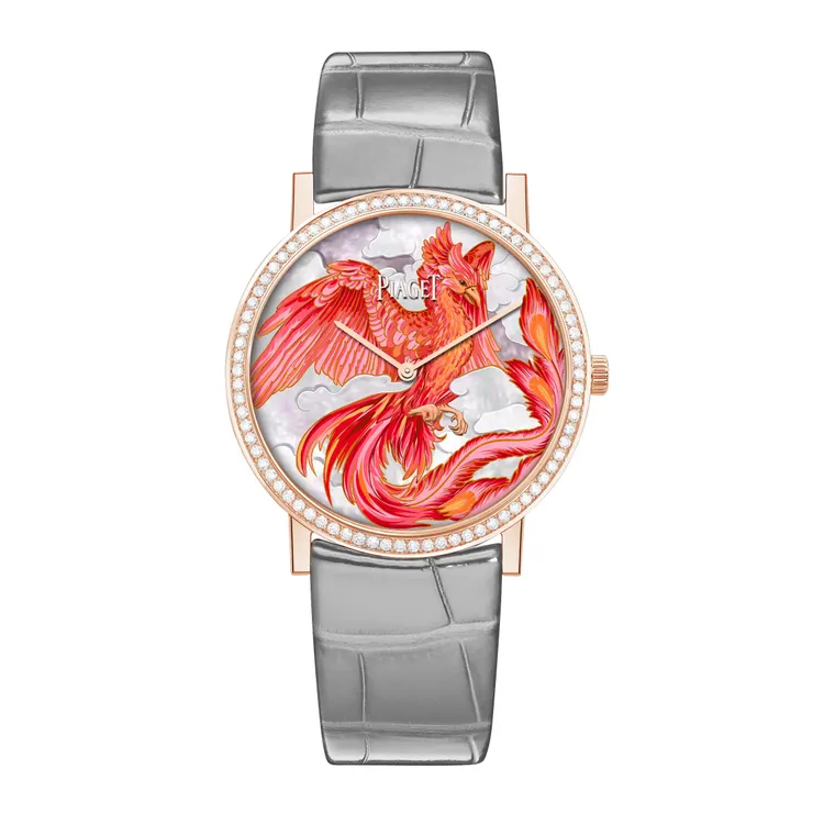 伯爵Altiplano系列龍年限定18K白金超薄工藝頂級珠寶腕錶，38mm，18K玫瑰金錶殼，深灰色鱷魚皮錶帶，伯爵自製430P超薄手動上鍊機械機芯，動力儲存43小時，全球限量38只，價格店洽。品牌提供