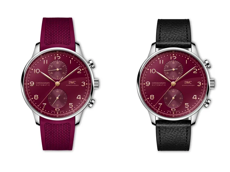 IWC葡萄牙系列計時腕錶龍年特別版，41mm，精鋼錶殼，酒紅色錶面，黑色小牛皮/酒紅色橡膠錶帶，IWC萬國錶自製69355機芯，動力儲存46小時，防水深度30米，限量1000只，30萬元。品牌提供