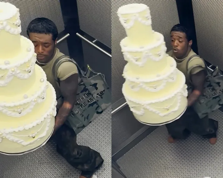 饒舌歌手Lil Uzi Vert捧著大蛋糕搭電梯，身上背著MJ THE TOTE BAG托特包。翻攝marcjacobs IG