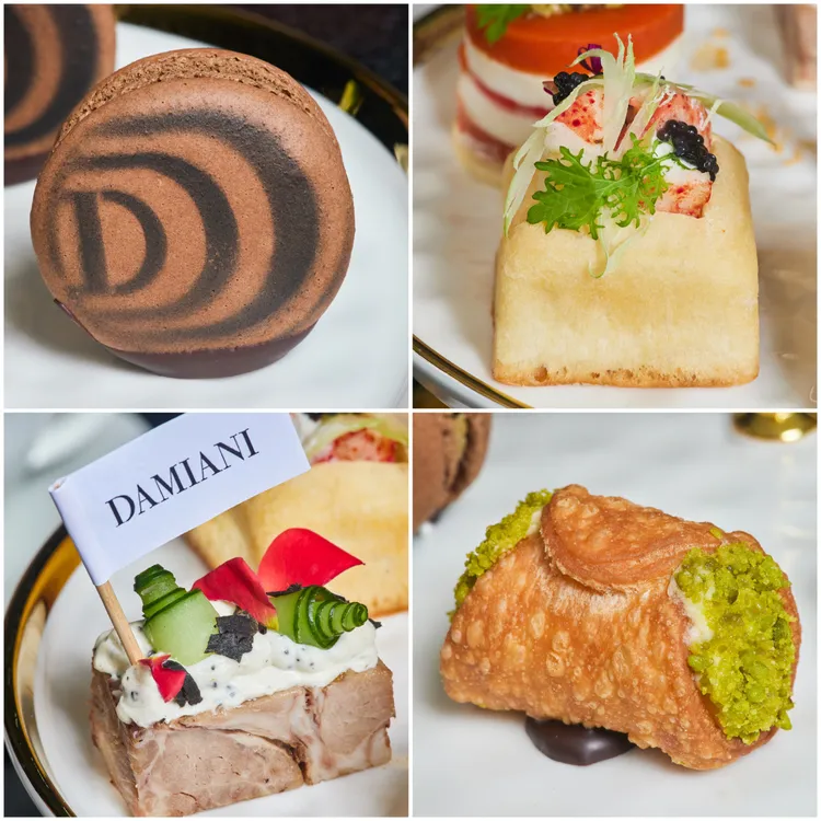 義式鴨肝馬卡龍（上排左）、鯷魚奶油龍蝦巧巴達佐魚子醬（上排右）、慢燉豬肉佐松露奶（下排左）、西西里卷（下排右）。品牌提供