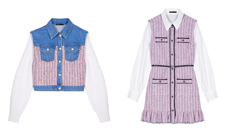 拼接單寧短版外套（左）1萬4290元、毛呢兩件式洋裝（右）1萬5190元。品牌提供