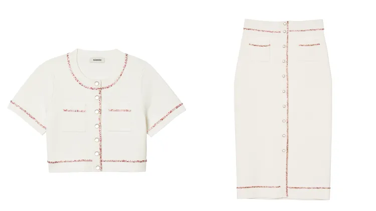 白色水鑽滾邊短袖上衣（左）9190元、白色水鑽滾邊長裙（右）9590元。品牌提供