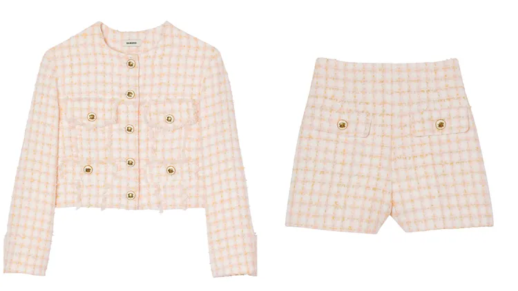 粉色粗花呢外套（左）1萬4690元、粉色粗花呢褲（右）7,890元。品牌提供