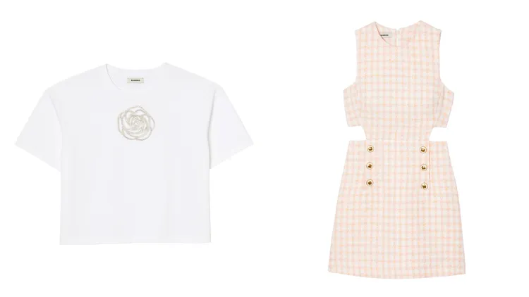 白色水鑽玫瑰短袖上衣（左）6190元、粉色粗花呢腰鏤空連身裙1萬（右）2590元。品牌提供