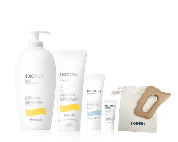 活氧果氛身體保養 1+1 組（買400ml活氧果氛保濕身體乳＋200ml活氧果氛保濕沐浴膠，贈送5ml守護霜、50ml亮膚身體乳、原木按摩板組）3200元。品牌提供