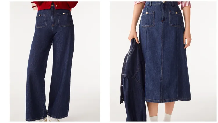 BRUTY單寧寬管褲（左）7850元、BECCA丹寧裙（右）7850元。品牌提供