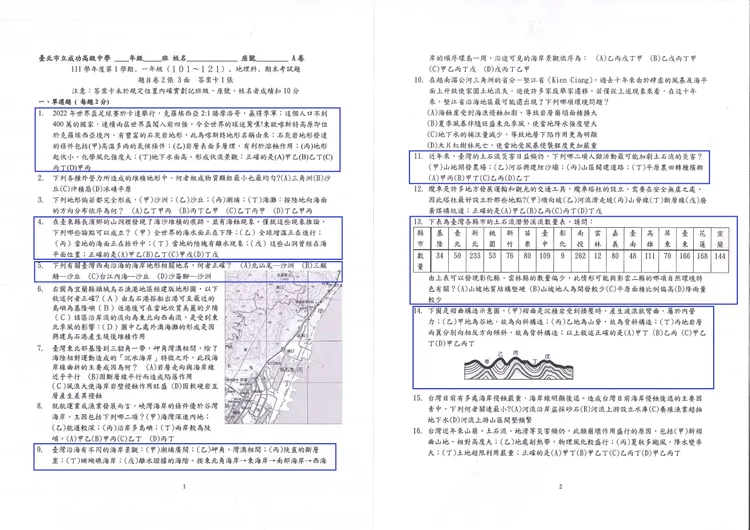 成功高中111學年度第一學期高一地理科期末考試題，圖中藍框處，是今年被拿去抄襲的題目。讀者提供