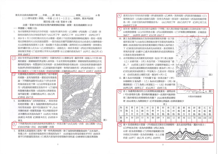 成功高中112學年度第一學期高一地理科期末考試題，圖中紅框處即為抄襲去年的題目。讀者提供