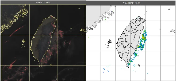 今(13日)晨4：20真實色雲圖顯示，各地晴朗無雲(左圖)。4：30雷達回波合成圖顯示，東側海面有零星回波(右圖)。取自氣象應用推廣基金會