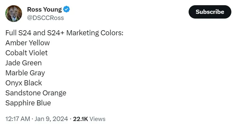 Ross Young爆料S24/S24+有7種配色。翻攝Ross Young的X