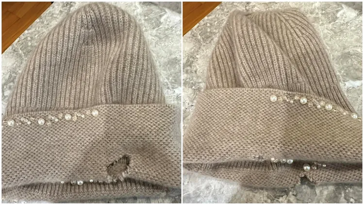 新買毛帽被自家貓咪啃壞，讓郁方很無奈。翻攝自郁方臉書