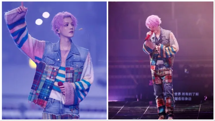 鹿晗在演唱會時以條紋毛衣外搭單寧背心以及同系列的拼接牛仔褲。翻攝FocusLu_Max小紅書