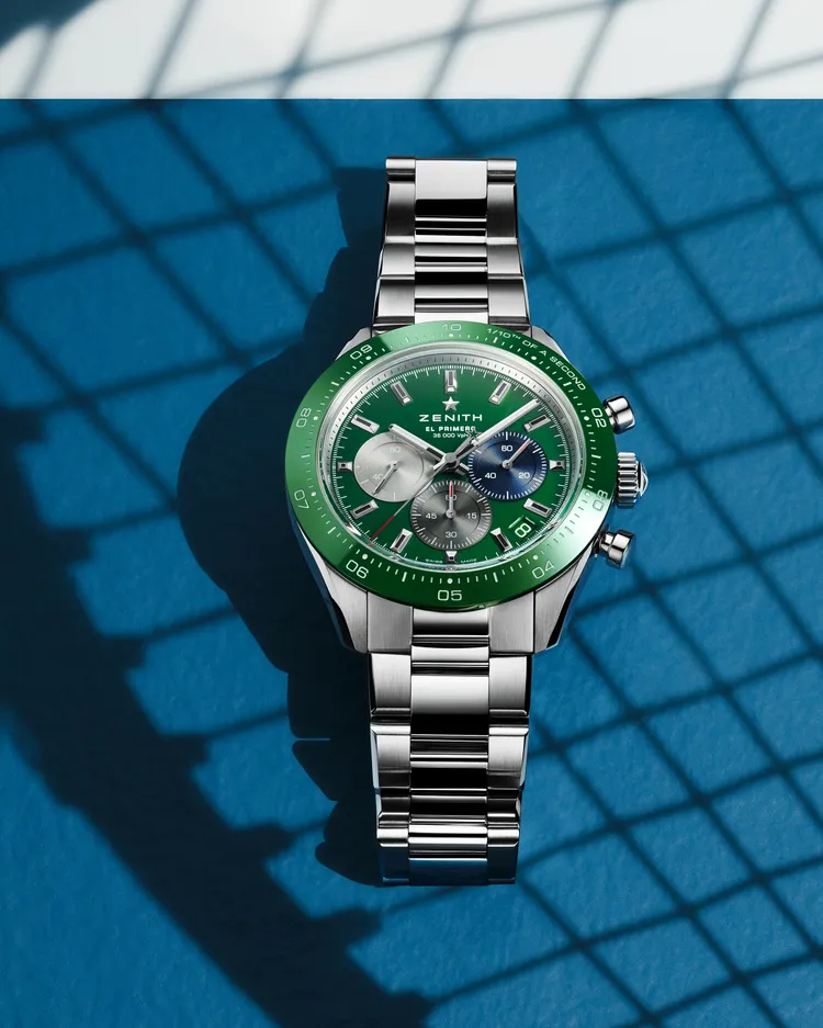 ZENITH Chronomaster Sport Green綠色腕錶精鋼鏈帶款，41mm，精鋼錶殼，綠色漆面錶面，精鋼錶帶，El Primero導柱輪自動計時機芯，動力儲存60小時，防水深度100米，39萬6700元。品牌提供