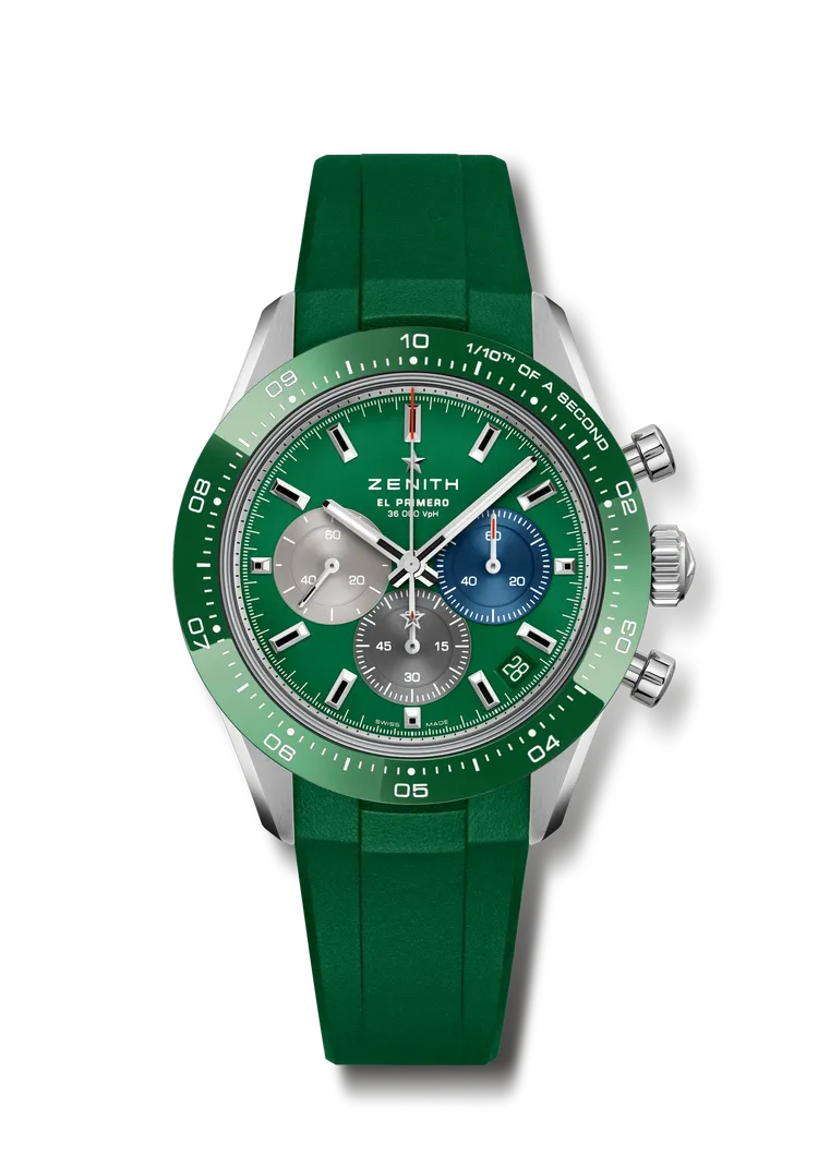 ZENITH Chronomaster Sport Green綠色腕錶橡膠錶帶款，41mm，精鋼錶殼，綠色漆面錶面，綠色整合式橡膠錶帶，El Primero導柱輪自動計時機芯，動力儲存60小時，防水深度100米，37萬8500元。品牌提供