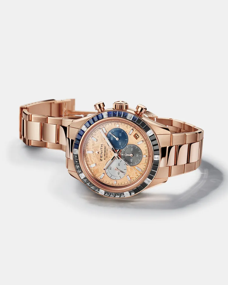 ZENITH Chronomaster Sport Precious珠寶腕表，41mm，18K玫瑰金錶殼，隕石材質錶面，精鋼錶帶，El Primero 3600型自動上鍊機芯，動力儲存60小時，防水深度100米，329萬7300元。品牌提供