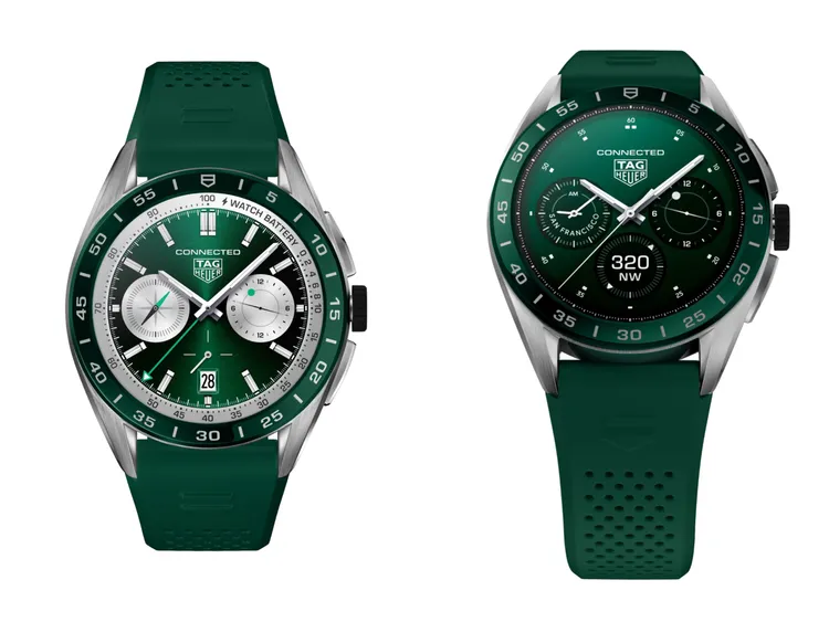 泰格豪雅Connected Calibre E4 智能腕錶45毫米綠色版，45mm，拋光緞面打磨精鋼錶殼，綠色橡膠錶帶，Calibre E4 45毫米機芯，防水深度50米，5萬7200元。品牌提供