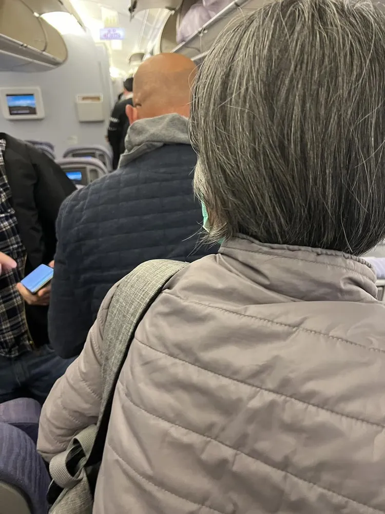 黃男拍下同樣是沒訂到素食餐的老外跟中國籍阿姨後腦照片。翻攝黃男臉書