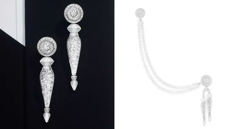 「飾帶」項鍊由白金、水晶與鑽石組成，可拆分出2只胸針和1條水晶手鍊。品牌提供