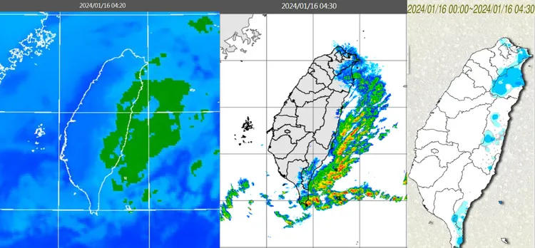 今(16日)晨4：20紅外線色調強化雲圖顯示，迎風面雲層較多(左圖)。4：30雷達回波合成圖顯示，雲層伴隨降水回波(中圖)。4：30累積雨量圖顯示，北海岸、大台北東側及東半部有局部降雨(右圖)。翻攝自氣象應用推廣基金會