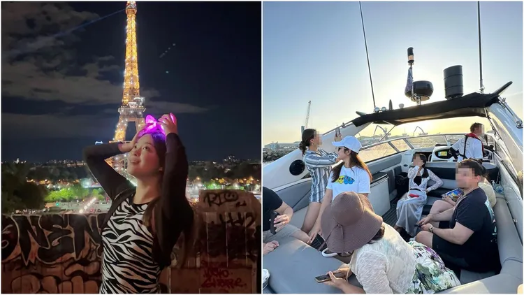 女粉紅開心在法國巴黎鐵塔拍照留念，上傳遊艇趴玩樂照。翻攝自當事人IG