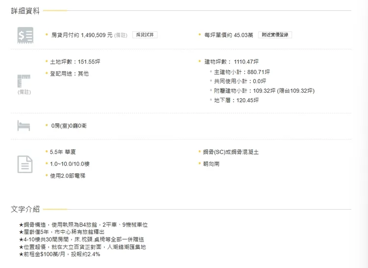 酒店出售相關資訊。翻攝永慶官網