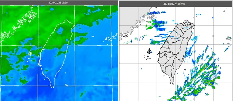 今(28日)晨5：30紅外線色調強化雲圖顯示，北部有雲層(左圖)。5：40雷達回波合成圖顯示，雲層伴隨鬆散降水回波(右圖)。取自氣象應用推廣基金會