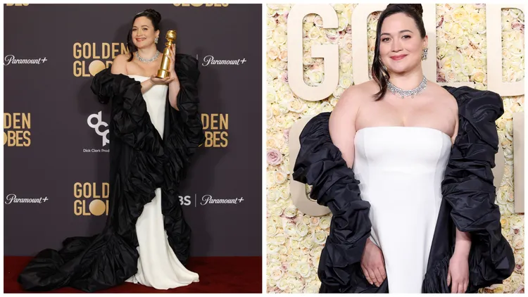 莉莉葛萊史東的幸運禮服平口白色長禮服助她拿下「戲劇類最佳女主角」。品牌提供