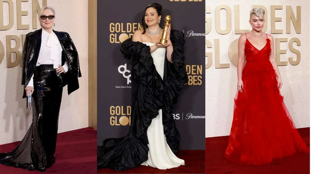梅莉史翠普（左起）、影后莉莉葛萊史東、佛蘿倫絲普伊在金球獎上皆選穿Valentino訂製禮服。品牌提供