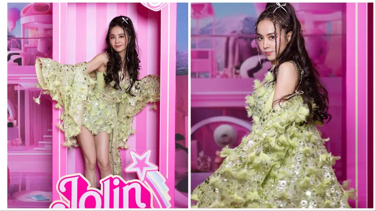 蔡琳在專屬芭比外盒中穿上蘋果綠戰袍。品牌提供