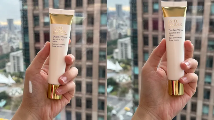 粉持久毛孔隱形柔焦妝前乳擁有輕盈乳霜質地。張家玲攝