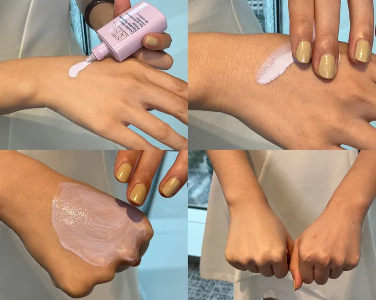 粉持久氣色美美蜜桃乳仙氣紫手部試色。張家玲攝