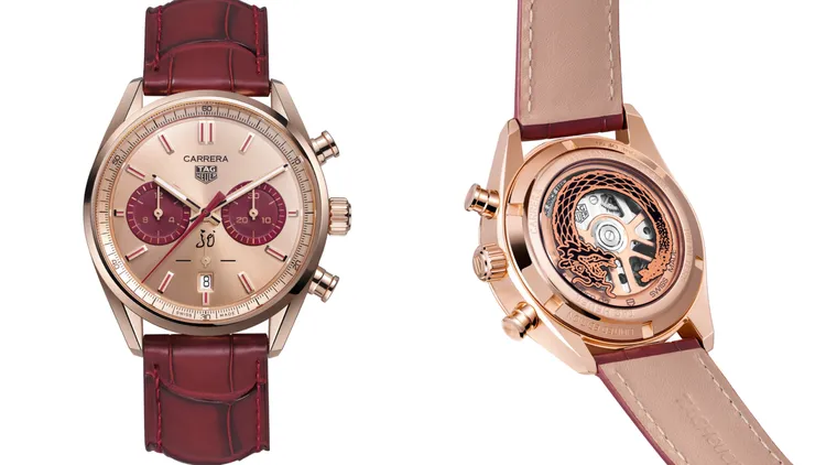 泰格豪雅Cerrera Chronograph龍年限量版腕錶，42mm，玫瑰金錶殼，鍍18K 5N玫瑰金放射狀太陽紋磨砂錶面，紅色鱷魚皮錶帶，Calibre Heuer 02 自製自動上鍊機芯，動力處存80小時，防水深度100米，限量50只，74萬300元。品牌提供