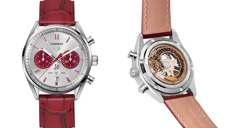 泰格豪雅Cerrera Chronograph龍年限量版腕錶，42mm，精鋼錶殼，銀色放射狀太陽紋磨砂錶面，紅色鱷魚皮錶帶，Calibre Heuer 02 自製自動上鍊機芯，動力處存80小時，防水深度100米，限量300只，20萬7000元。品牌提供