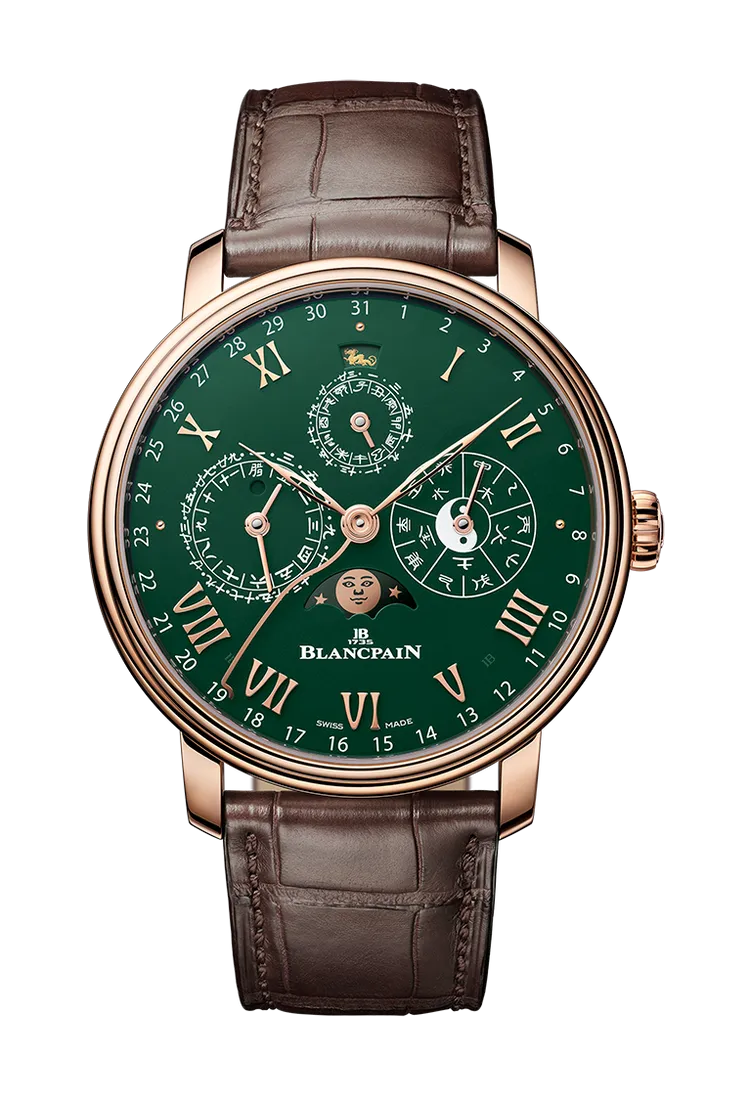 Blancpain限量Villeret中華年曆腕錶，18K紅金錶殼，綠色大明火琺瑯錶面，短吻鱷魚皮錶帶，3638型機芯，動力儲存7日，防水深度30米，全球限量50只，231萬6000元。品牌提供