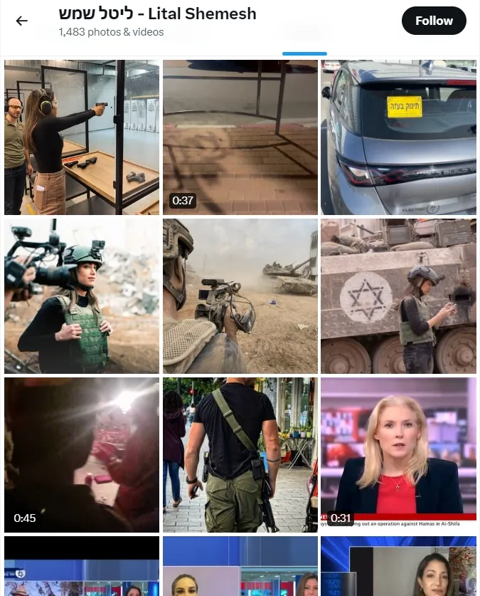 以色列女主播Lital Shemesh的社群經常分享全副武裝戰地採訪畫面。翻攝自社群X(推特)