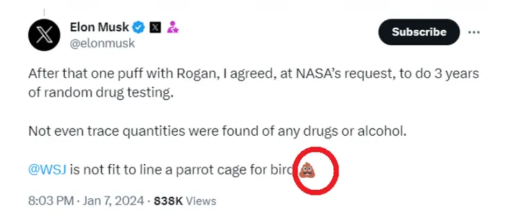 馬斯克在社群平台Ｘ以大便emoji（紅圈）回應華爾街日報的指控。翻攝X@Elon Musk
