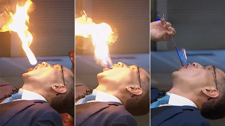 鄭運鵬上節目秀吞火才藝。翻攝自STR Network YouTube