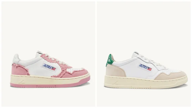粉色帆布拼接運動鞋（左）7580元、綠色麂皮拼接運動鞋（右）6680元。品牌提供