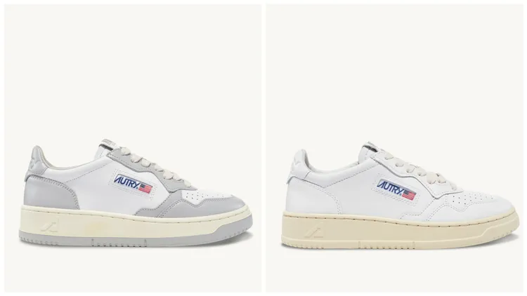 灰色經典款皮革運動鞋（左）7,080元、白色經典款皮革運動鞋（右）6480元。品牌提供