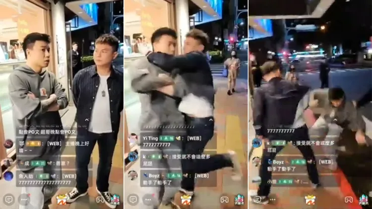 超哥不滿Toyz的發言，在直播中當街開扁，女性工作人員哭求超哥停手。翻攝自YouTube