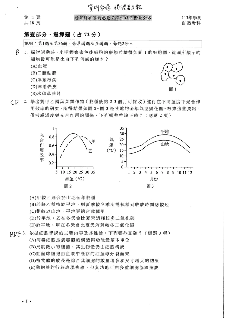 113學測自然科參考解答。得勝者文教提供