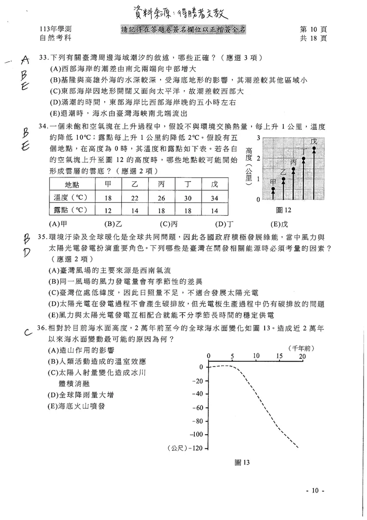 113學測自然科參考解答。得勝者文教提供