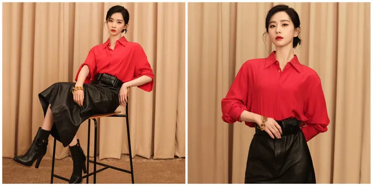劉詩詩以紅色襯衫、黑色皮裙營造俐落個性穿搭。翻攝劉詩詩微博