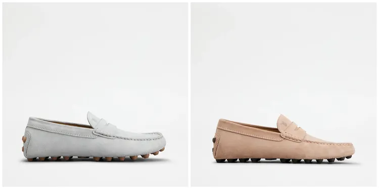 TOD'S Mocassiono豆豆鞋淺灰色（左）、裸粉色（右），各2萬6500元。品牌提供