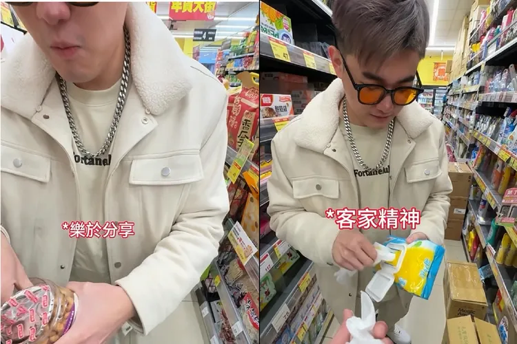詹姆士在全聯隨意開封架上商品試吃，還得意洋洋地放回架上，遭到網友撻伐。取自「詹姆士(呈)」IG